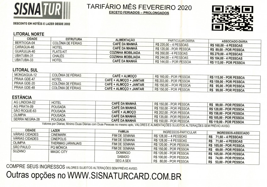 SISNATUR - TARIFÁRIO FEVEREIRO/2020
