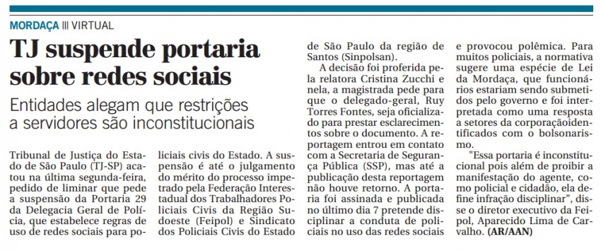 TJ SUSPENDE PORTARIA SOBRE REDES SOCIAIS - MATÉRIA PUBLICADA NO JORNAL CORREIO POPULAR NO DIA 22/07/2020