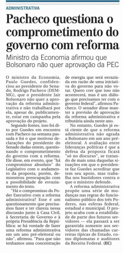 PACHECO QUESTIONA O COMPROMETIMENTO DO GOVERNO COM REFORMA - Matéria Publicada no Jornal Correio Popular no dia 01/06/2021