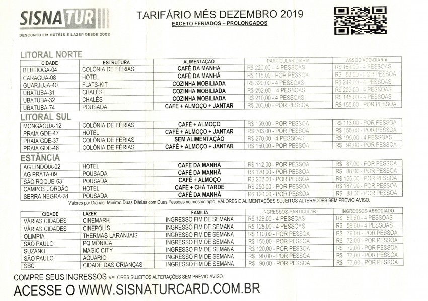 TARIFÁRIO MÊS DEZEMBRO/2019 SISNATUR